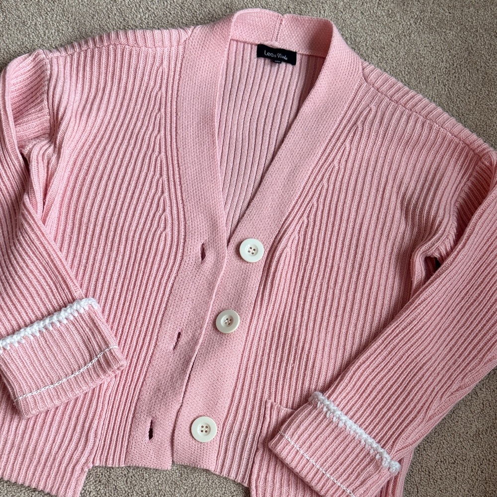Pink Ribbed Button Cardigan - Picture 2 of 6